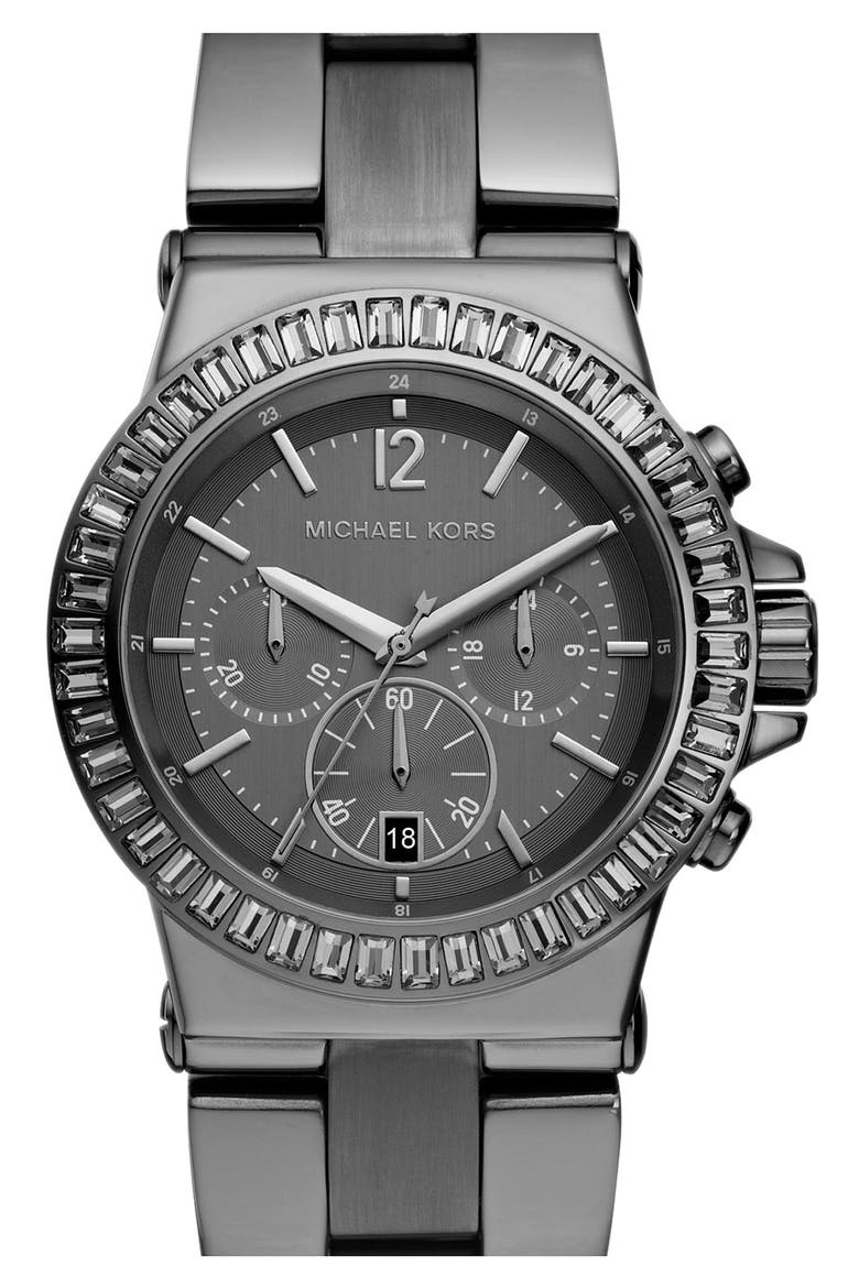 Michael Kors 'Dylan' Crystal Bezel Chronograph Watch, 43mm, Main, color, GUNMETAL