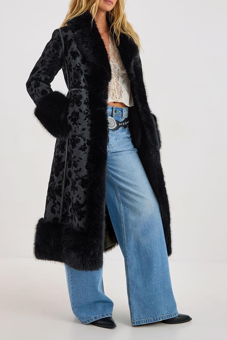 Faux Fur Floral Jacquard Coat, Alternate, color, Black