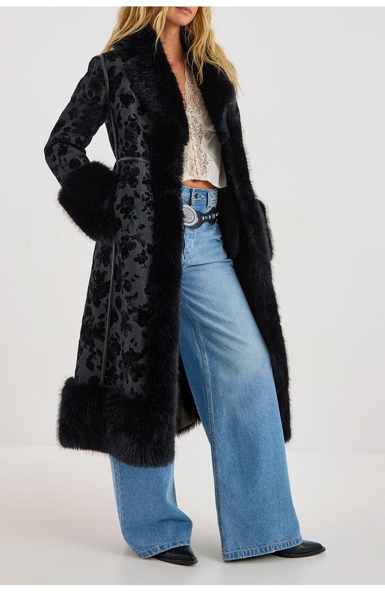NASTY GAL Faux Fur Floral Jacquard Coat, Alternate, color, Black