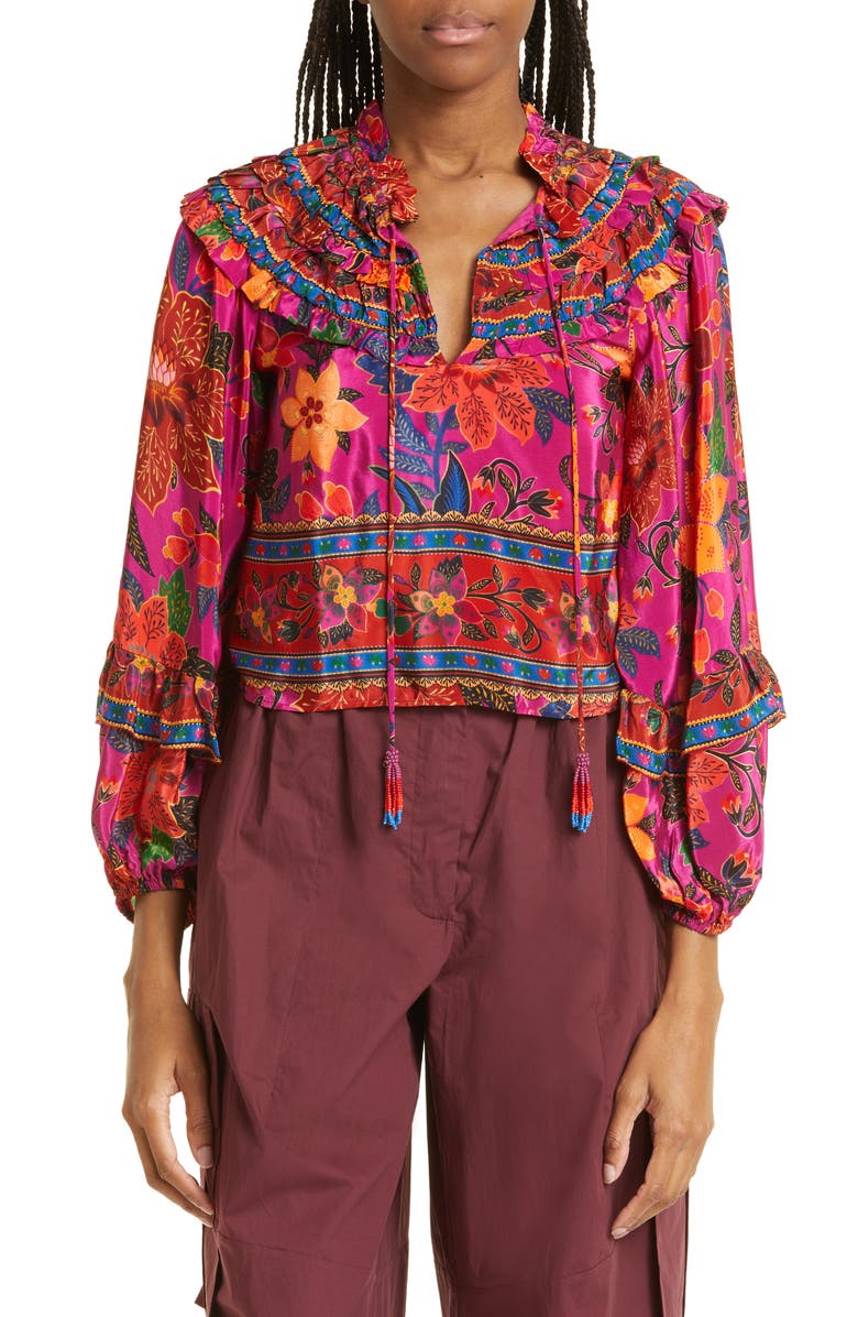 FARM Rio Tropical Tapestry Long Sleeve Ruffle Top, Main, color, 