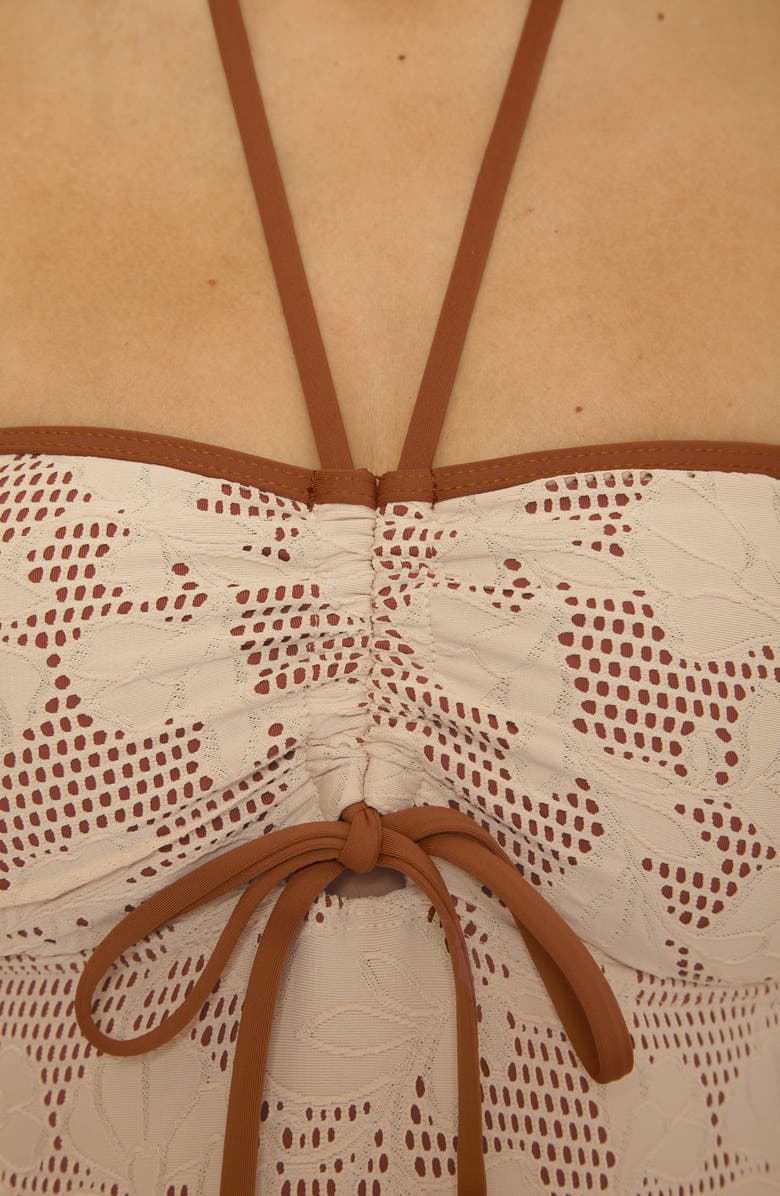 Lucky Brand Belize Ruched Lace Overlay One-Piece Swimsuit, Alternate, color, Natural