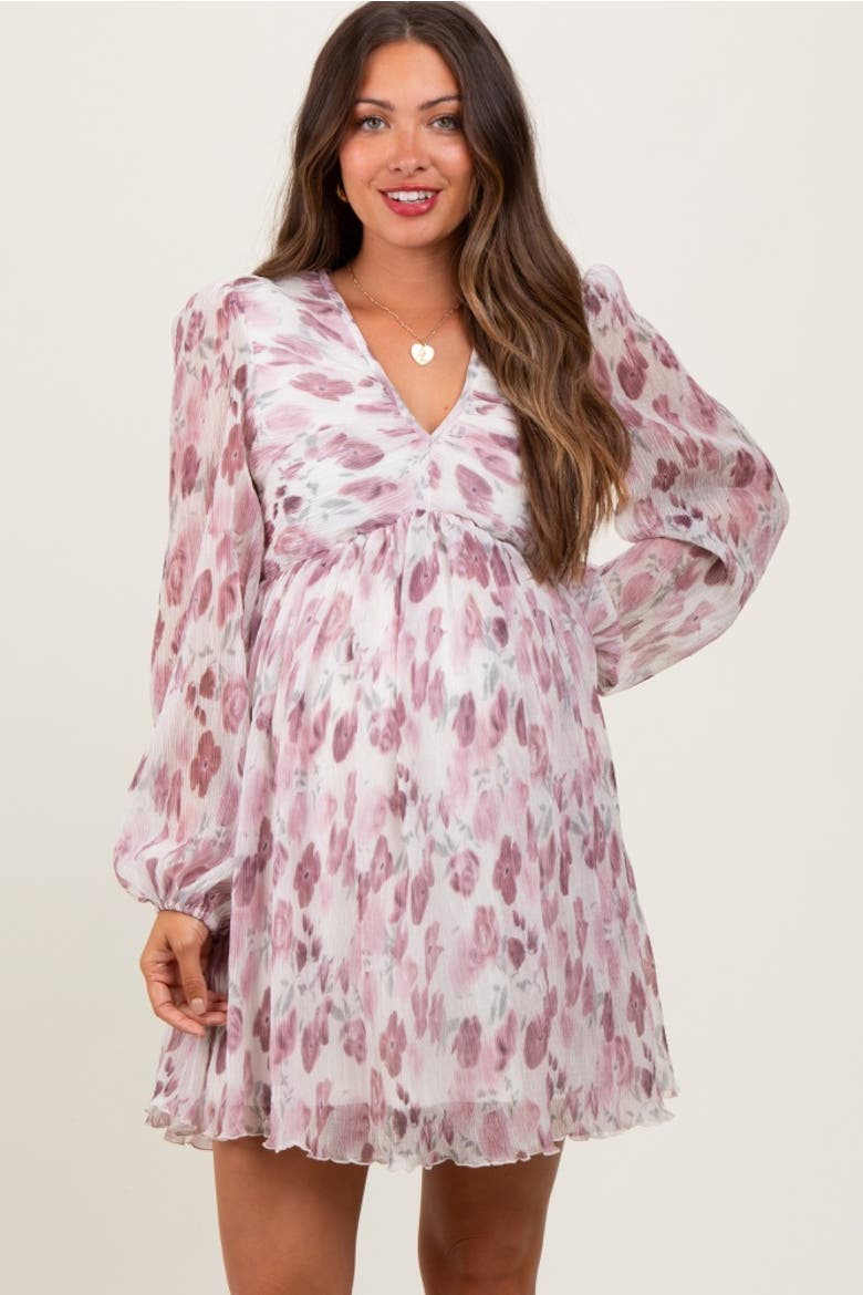 Floral Chiffon Plisse Mini Dress, Main, color, Cream