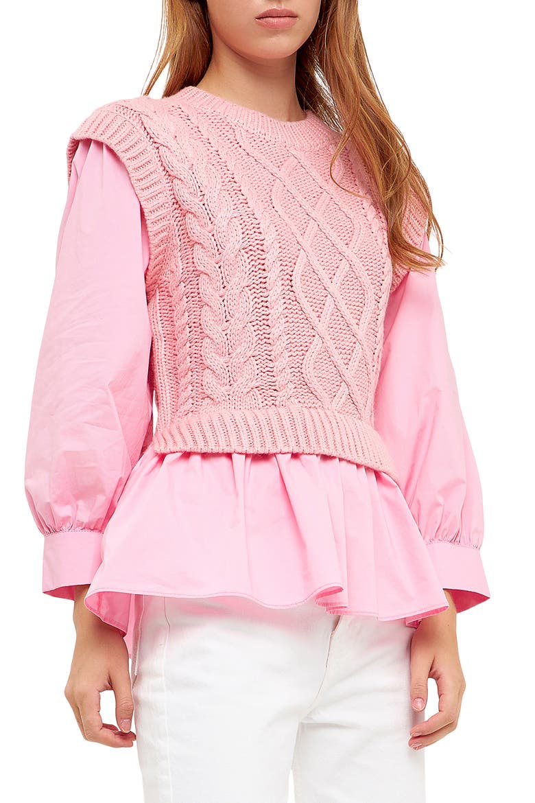 Mixed Media Cable Sweater, Alternate, color, PINK