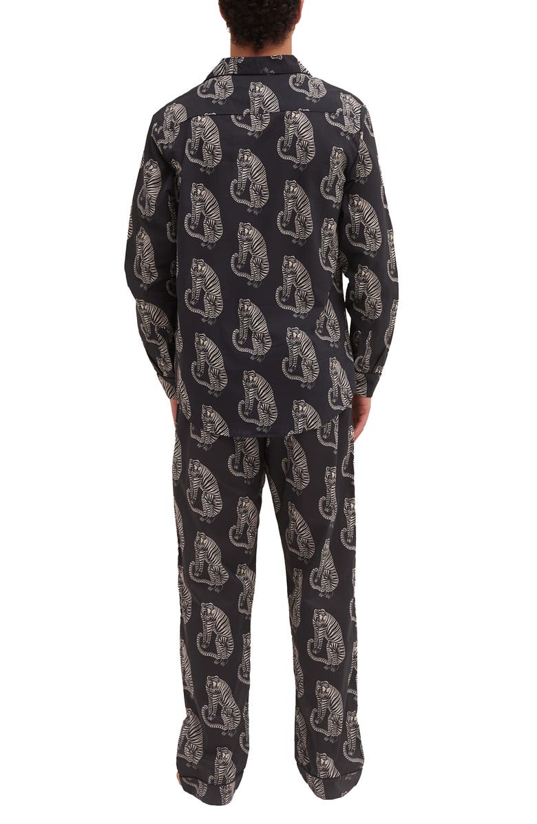 Desmond & Dempsey Tiger Print Long Sleeve Cotton Pajamas, Alternate, color, Black/ Cream