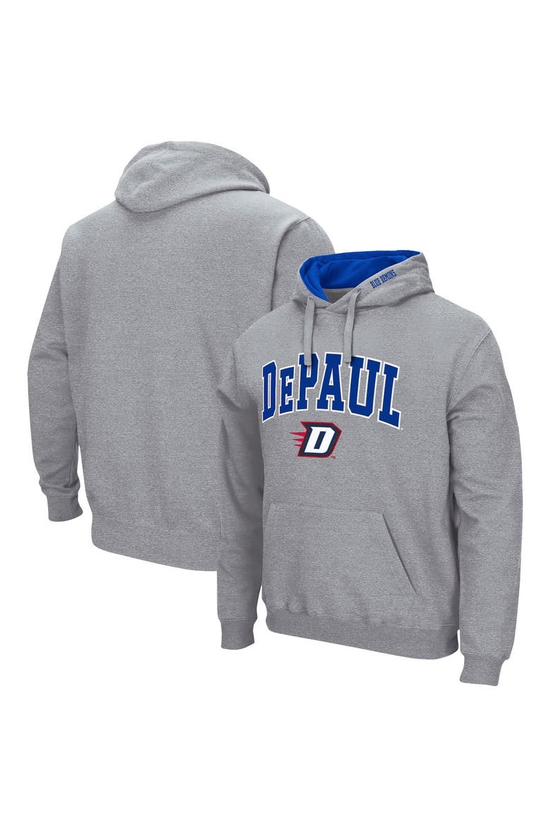 Men's Colosseum Heathered Gray DePaul Blue Demons Arch & Logo 3.0 Pullover Hoodie, Main, color, Heather Gray