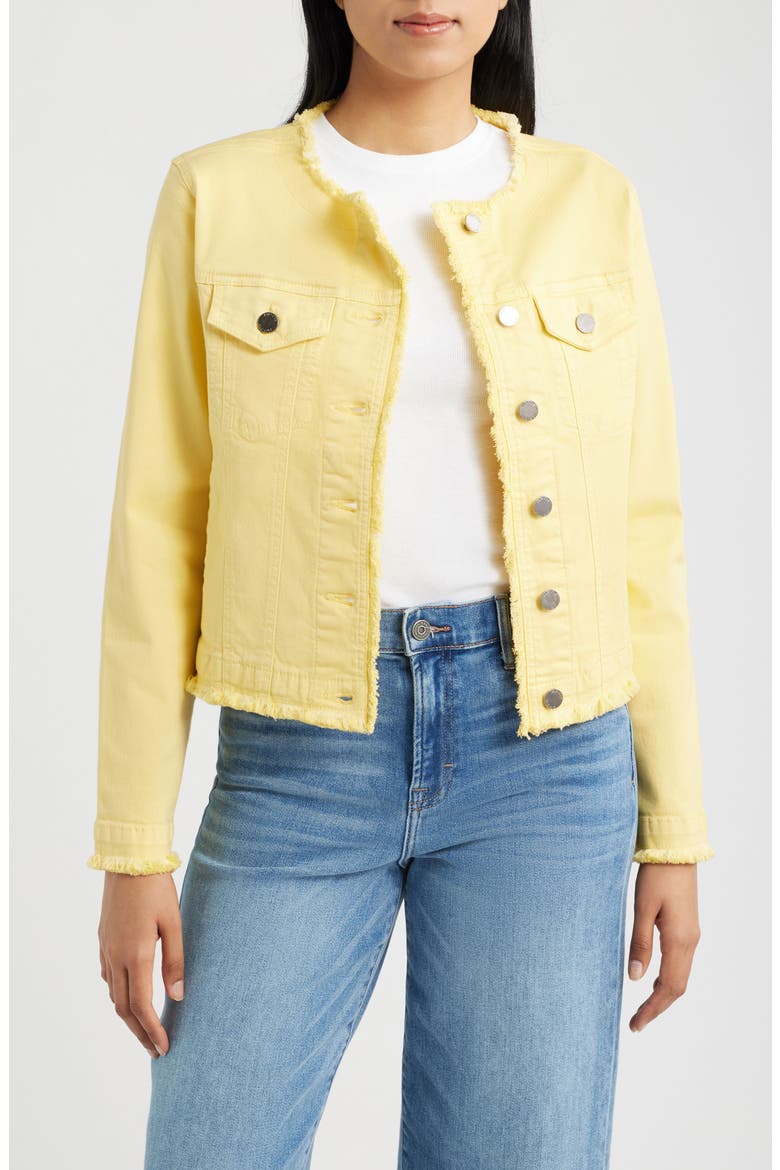 Frayed Collarless Denim Jacket, Main, color, POPCORN YELLOW