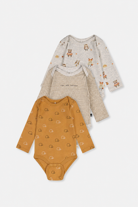 Three Pack Organic Cotton Hedgehogs Long Sleeve Bodysuit