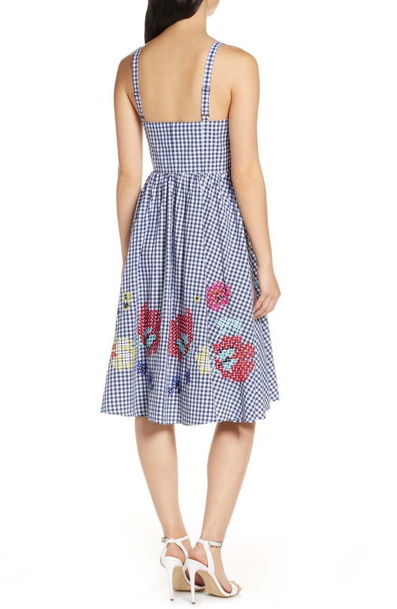 French Connection Embroidered Gingham Fit & Flare Sundress, Alternate, color, 