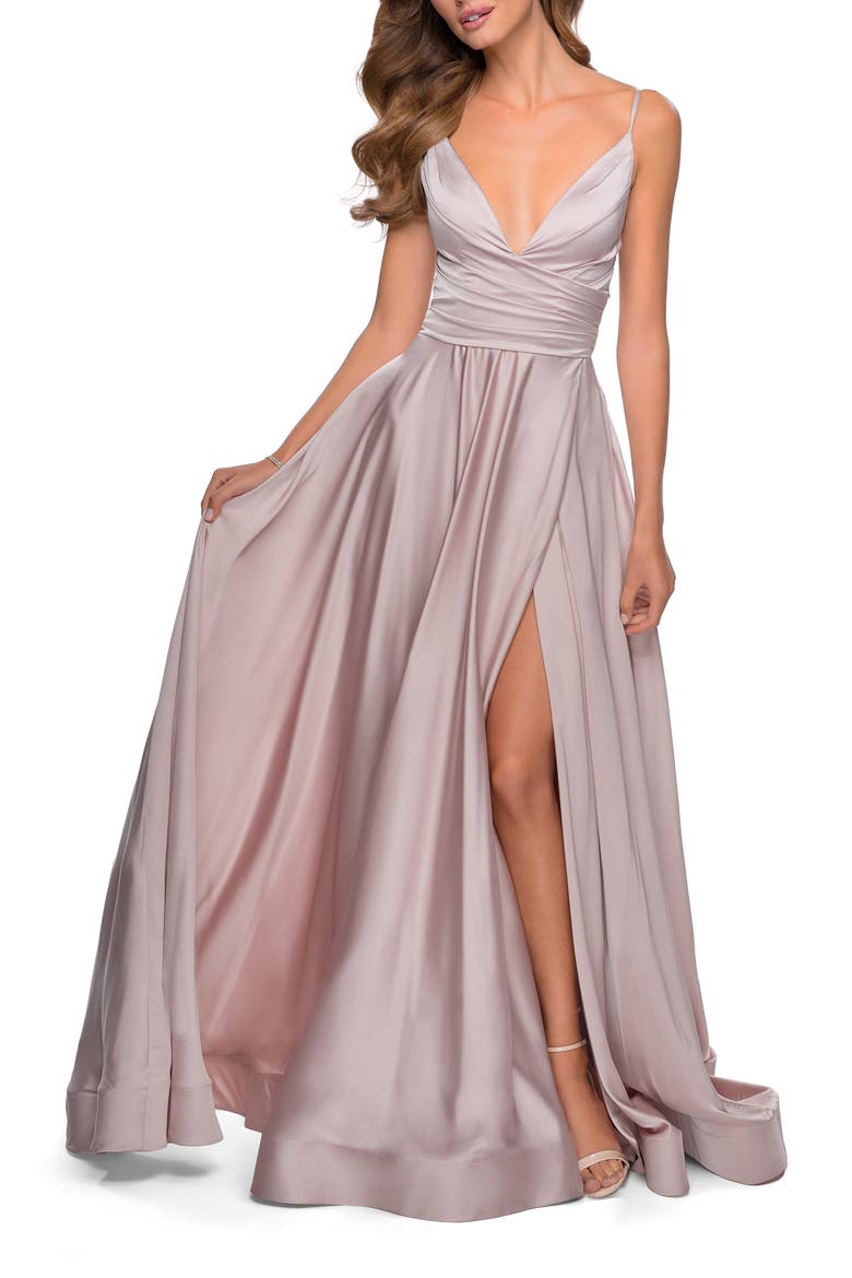 Long Satin Dress with Side Slit and V Shaped Back, Alternate, color, MAUVE