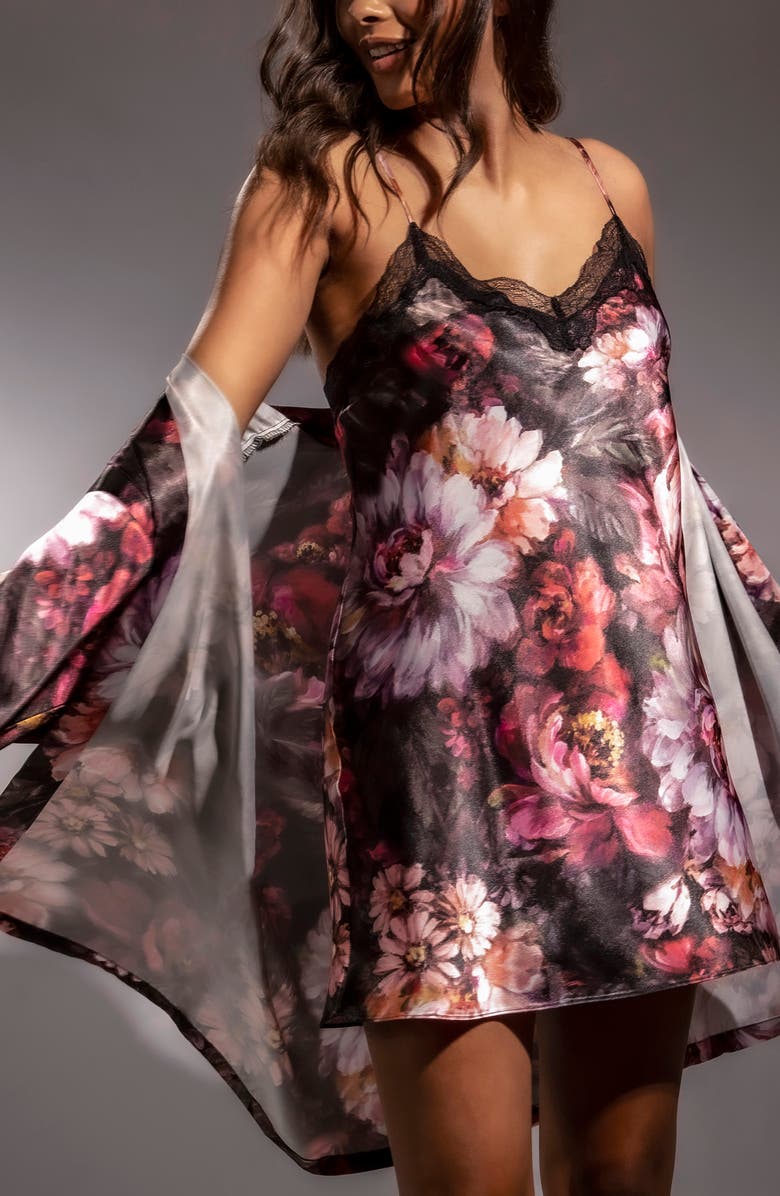 Midnight Bakery Floral Lace Trim Satin Chemise, Alternate, color,