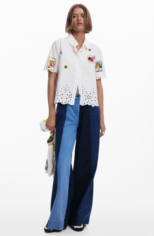 Desigual Embroidered Eyelet Short Sleeve Cotton Button-up Shirt In White