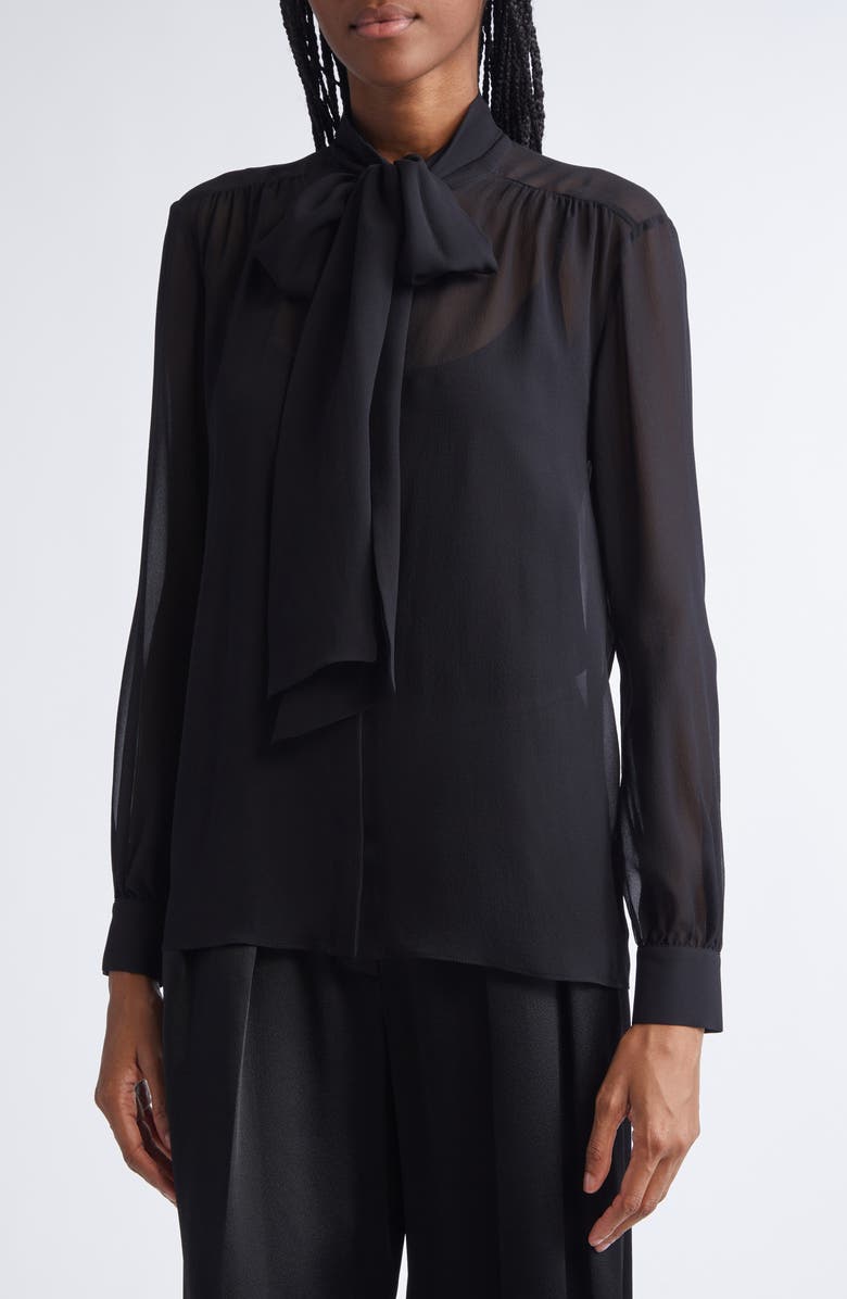 Michael Kors Collection Tie Neck Washed Silk Chiffon Top with Camisole, Alternate, color, Black
