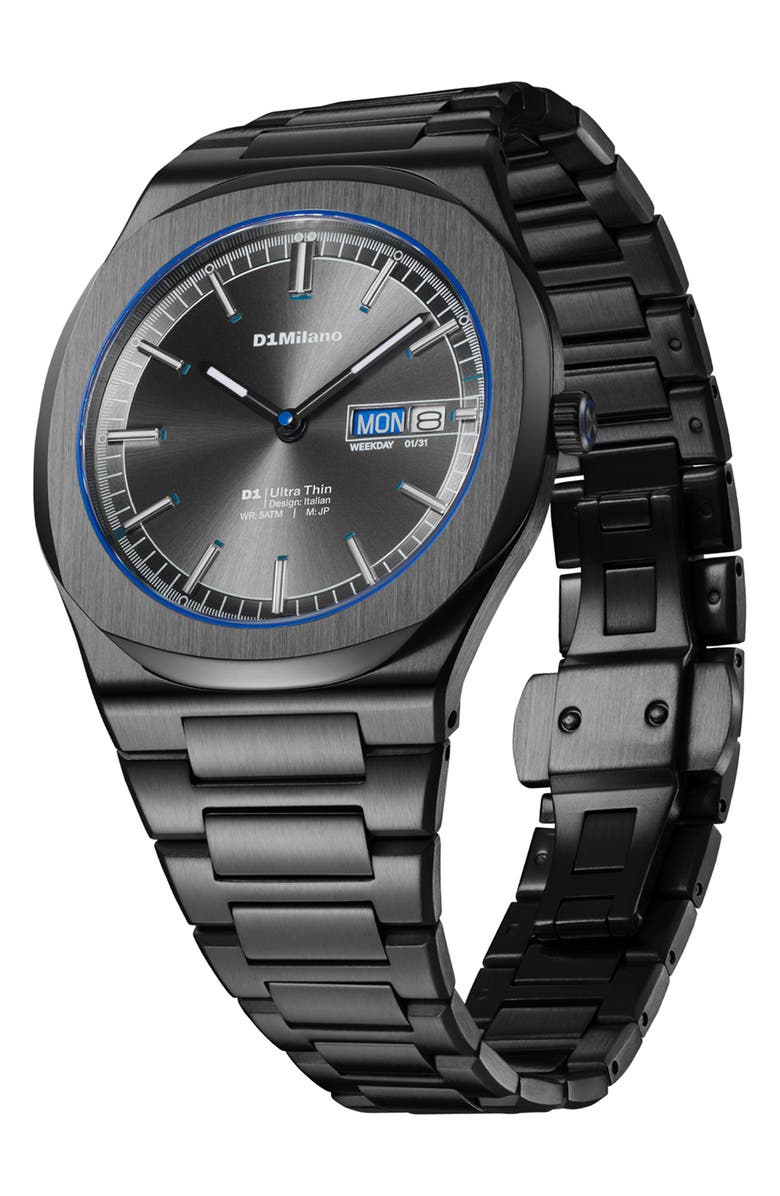 D1 Milano Dark Illusion Ultra Thin Bracelet Watch, 39mm, Alternate, color, Gun Metal