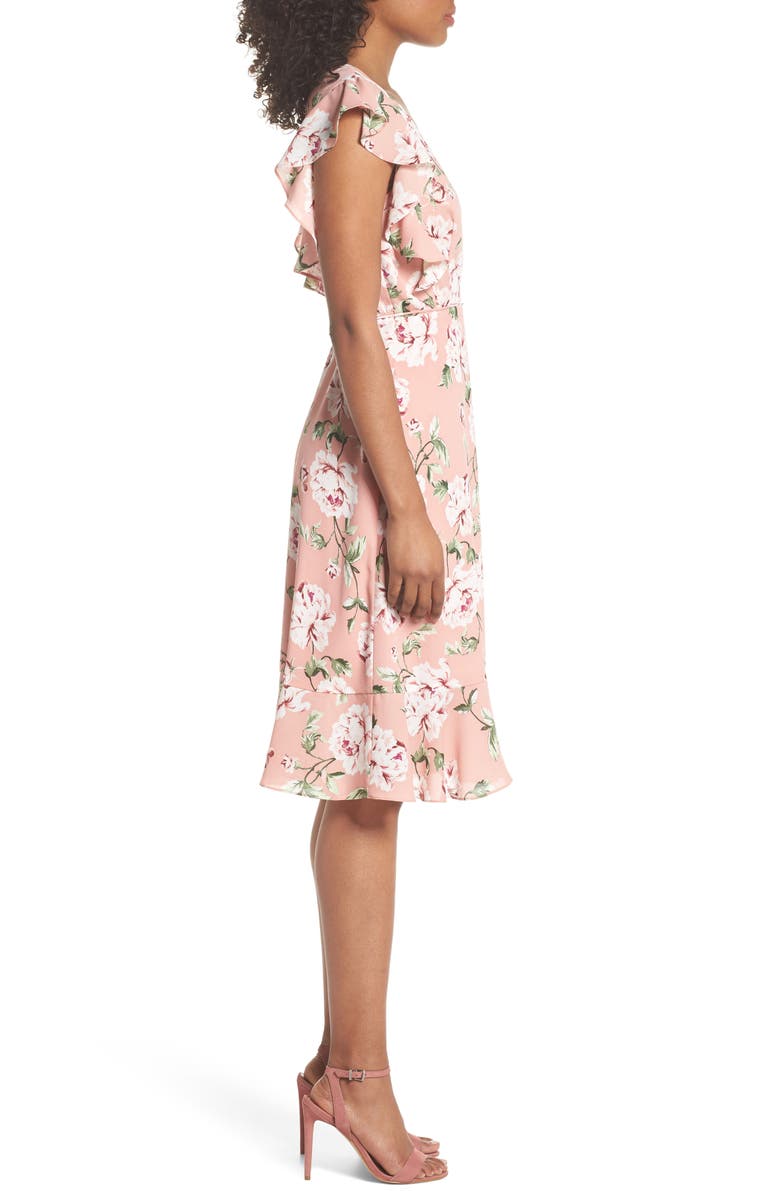 Charles Henry Ruffle Sleeve Floral Wrap Dress, Alternate, color, 