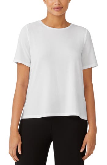 Eileen Fisher Cuffed Sleeve Cotton Crewneck T-shirt In White
