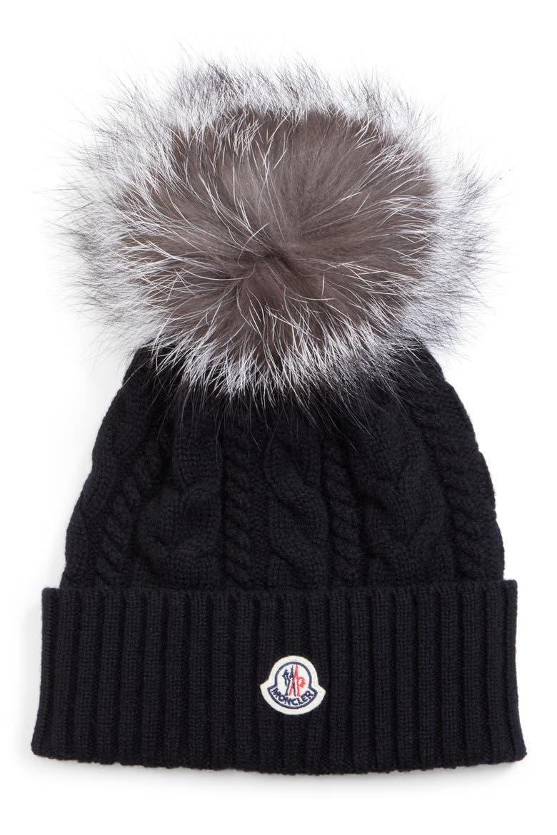 Cable Knit Beanie with Genuine Fox Fur Pom, Main, color, BLACK