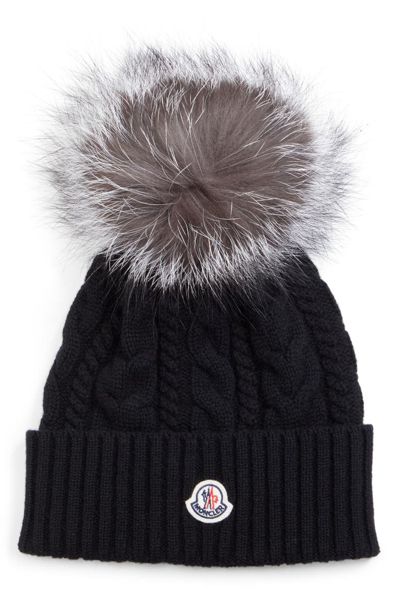 Moncler Cable Knit Beanie with Genuine Fox Fur Pom, Main, color, 