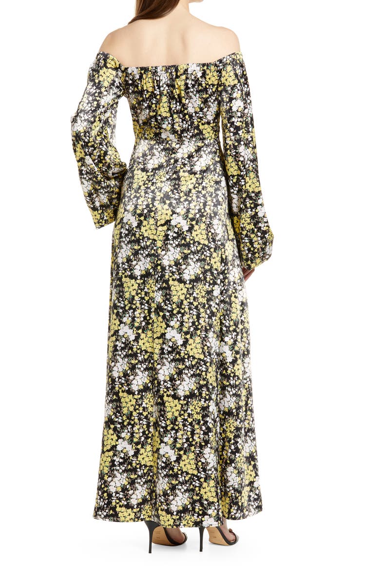 Vaiana Long Sleeve Tie Waist Off the Shoulder Satin Maxi Dress, Alternate, color, BLACK YELLOW BLOOM