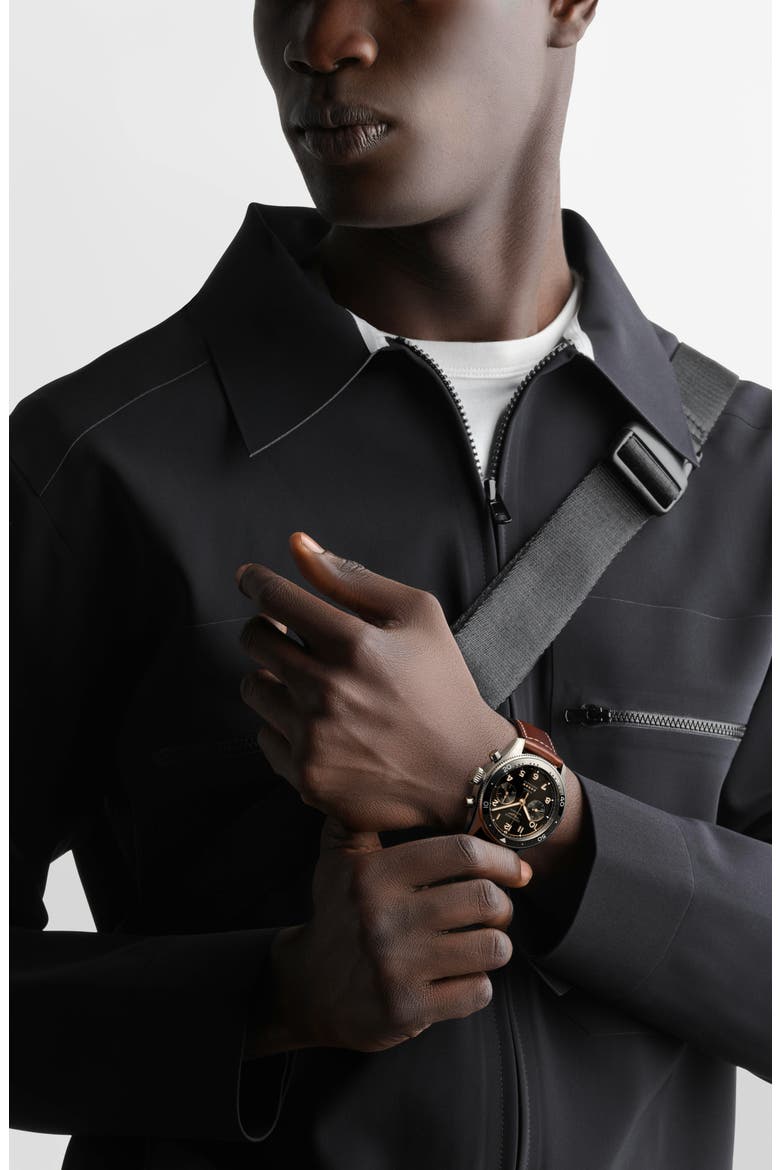 Spirit Flyback Automatic Chronograph Leather Strap Watch, 42mm, Alternate, color, BLACK