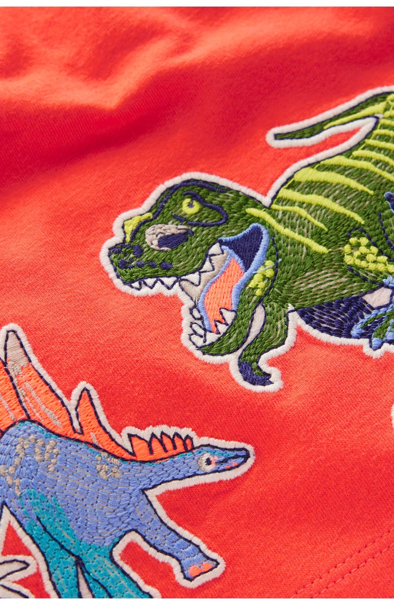 Mini Boden Kids' Dino Appliqué Long Sleeve Cotton Graphic T-Shirt, Alternate, color, Hot Coral Dinos
