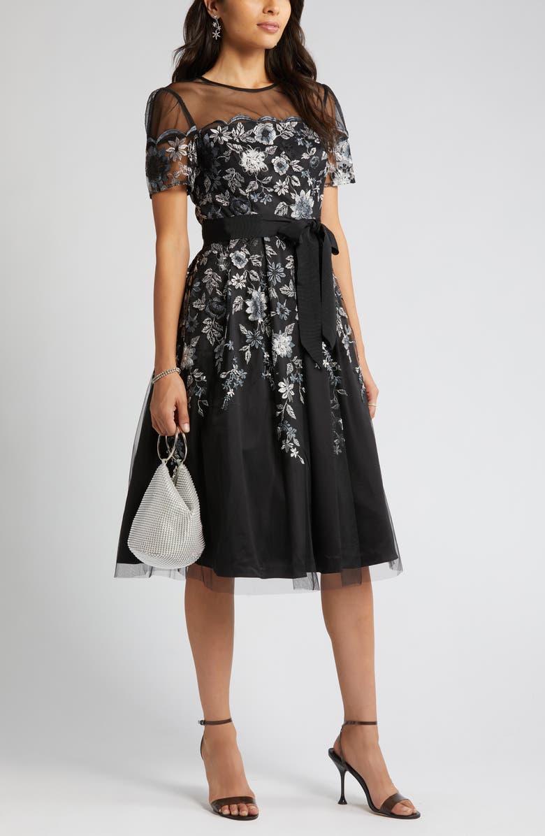 Eliza J Floral Embroidered Sheer Yoke Cocktail Midi Dress, Main, color, 