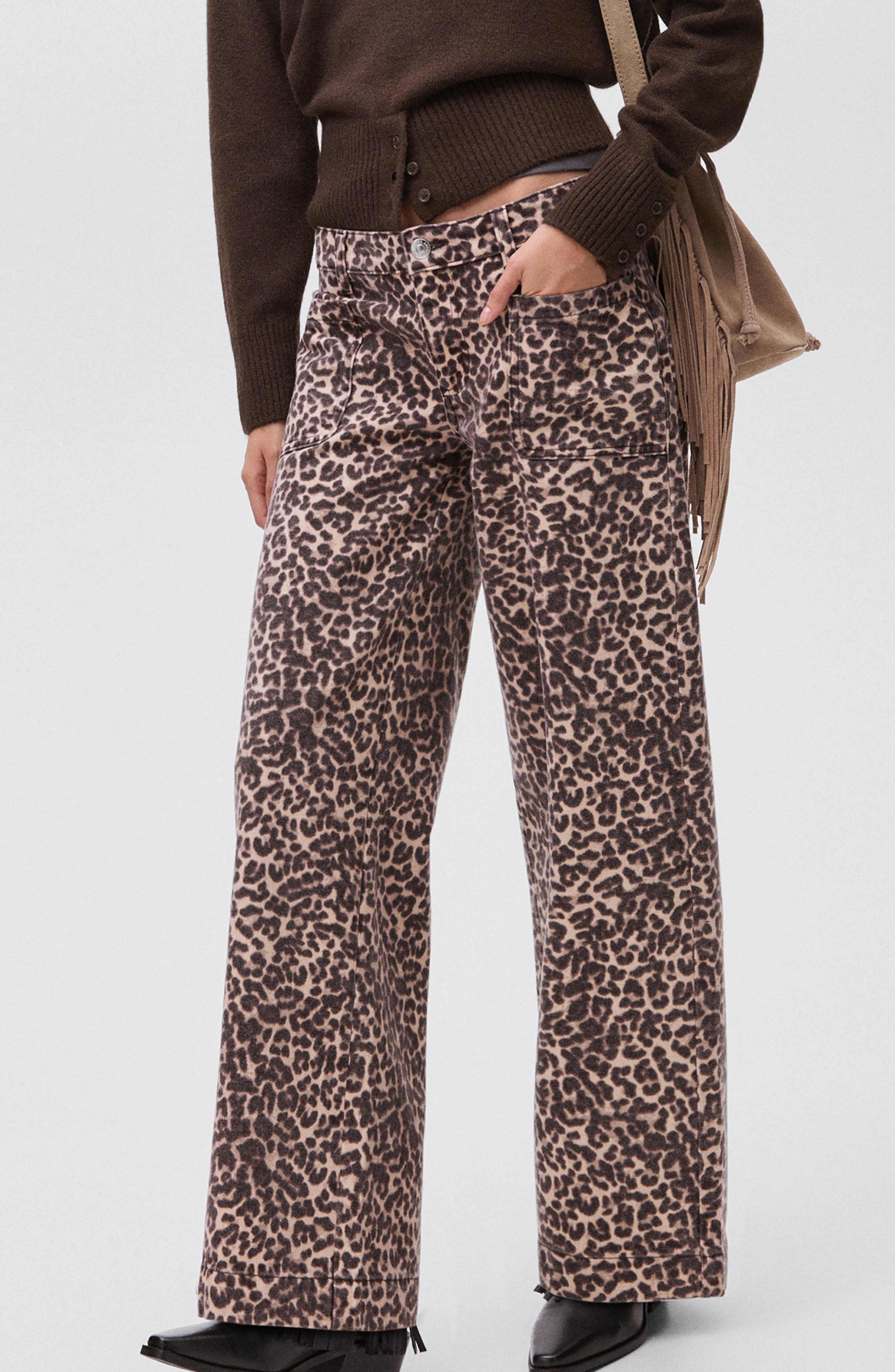 Leopard Print Patch Pocket Wide Leg Jeans
