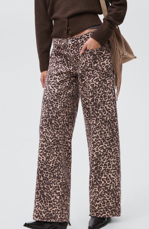 Leopard Print Patch Pocket Wide Leg Jeans
