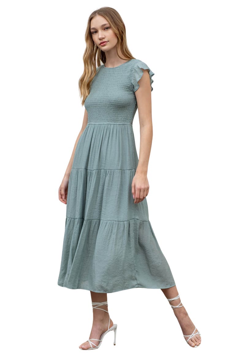 Flutter Sleeve Smocked Tiered Midi Dress, Alternate, color, SAGE