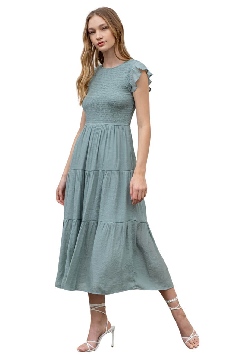 Blu Pepper Flutter Sleeve Smocked Tiered Midi Dress, Alternate, color, Sage