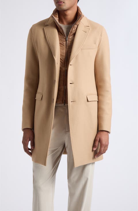Diagonal Wool Blend Topcoat with Removable Bib