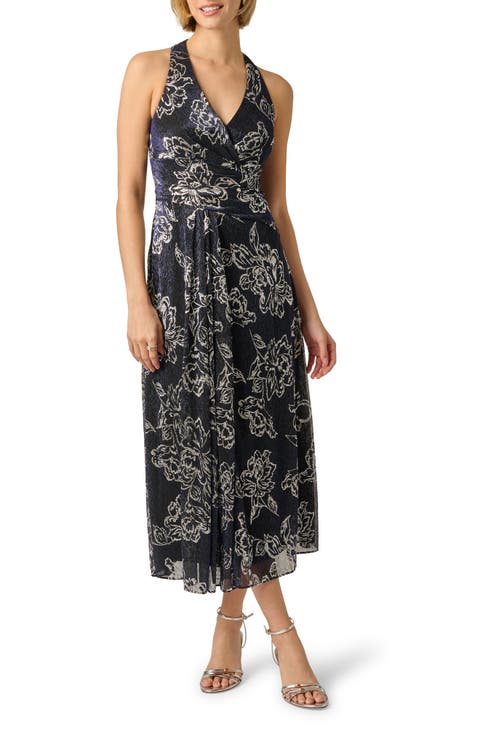 Print Metallic Crinkle Sleeveless Dress