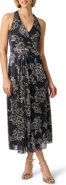 Adrianna Papell Print Metallic Crinkle Sleeveless Dress
