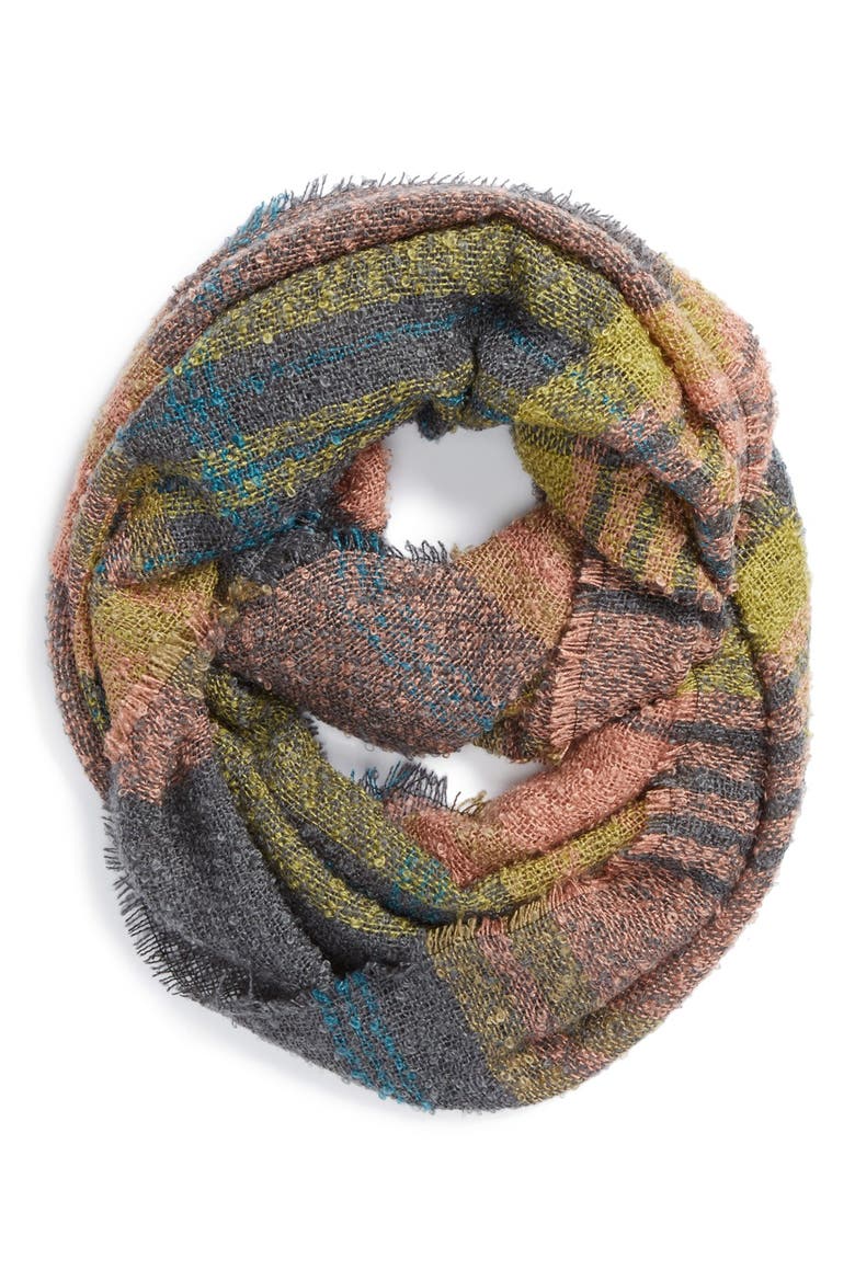 Plaid Bouclé Infinity Scarf, Main, color, GREY PLAID