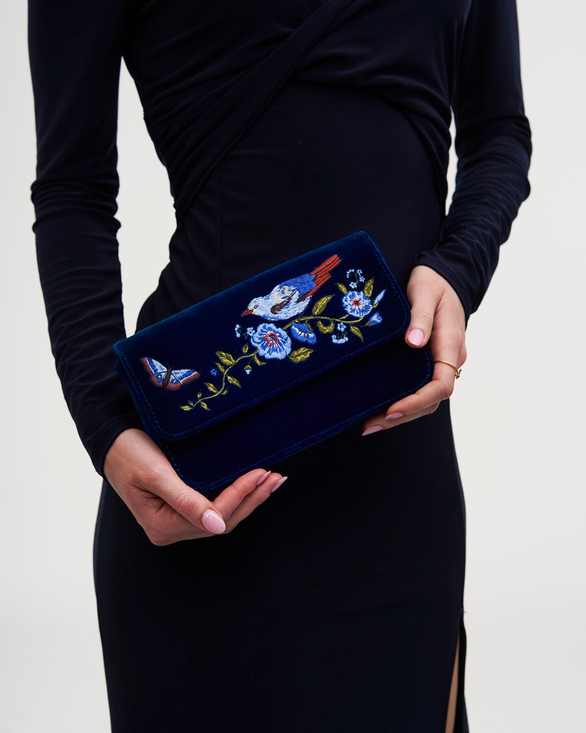 Sophia Nightingale Embroidered Velvet Clutch, Alternate, color, Navy