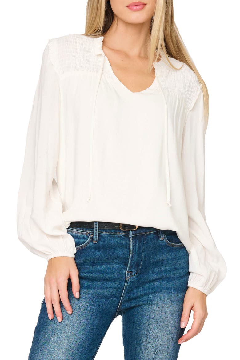 Tie Neck Long Sleeve Smoked Yoke Blouse, Main, color, IVORY
