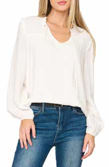 Tie Neck Long Sleeve Smoked Yoke Blouse