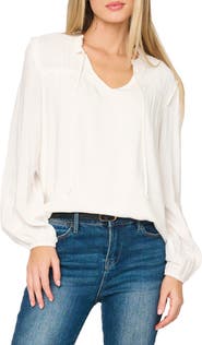 GIBSONLOOK Tie Neck Long Sleeve Smoked Yoke Blouse