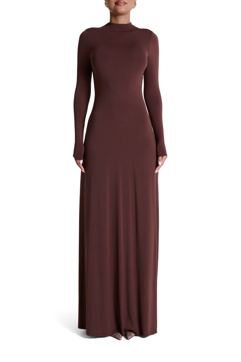 Mock Neck Long Sleeve Maxi Dress, Main, color, CHOCOLATE