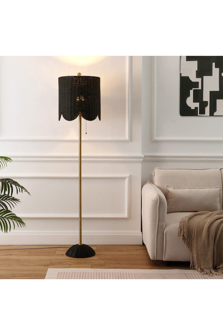 Joel Scallop Shade Rattan/Metal LED Floor Lamp with Pull Chain, Alternate, color, Black/Brass Gold