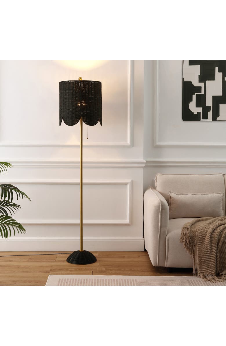 JONATHAN Y Joel Scallop Shade Rattan/Metal LED Floor Lamp with Pull Chain, Alternate, color, Black/Brass Gold
