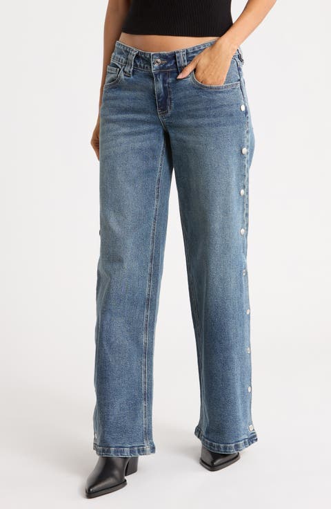 Side Snap Low Rise Baggy Wide Leg Jeans