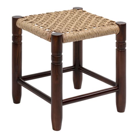 Handcrafted Wood Backless Indoor/Outdoor Bar Stool with Synthetic Woven Seat