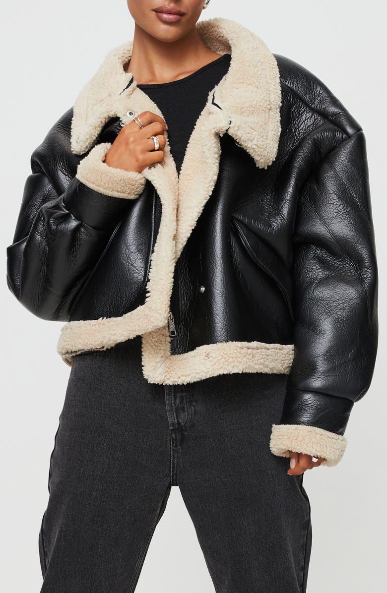Princess Polly Kimmons Faux Leather Jacket with Faux Shearling Trim, Main, color, 