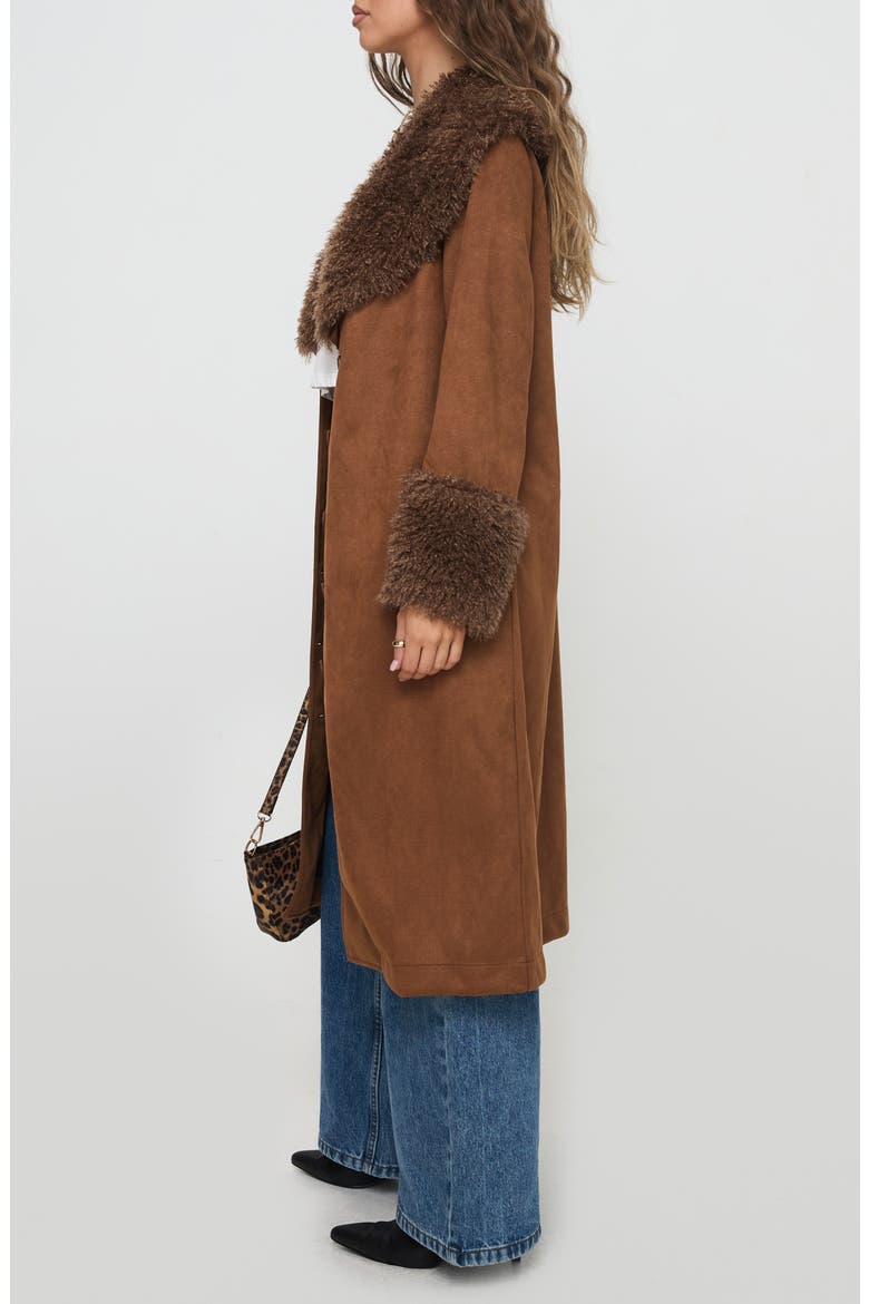 After Party Faux Suede Long Coat with Faux Shearling Trim, Alternate, color, BROWN