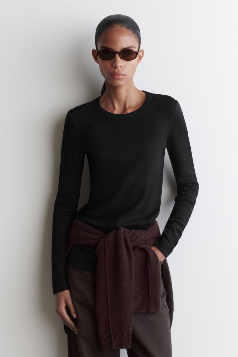 Ribbed Jersey Long-Sleeved Top, Main, color, BLACK