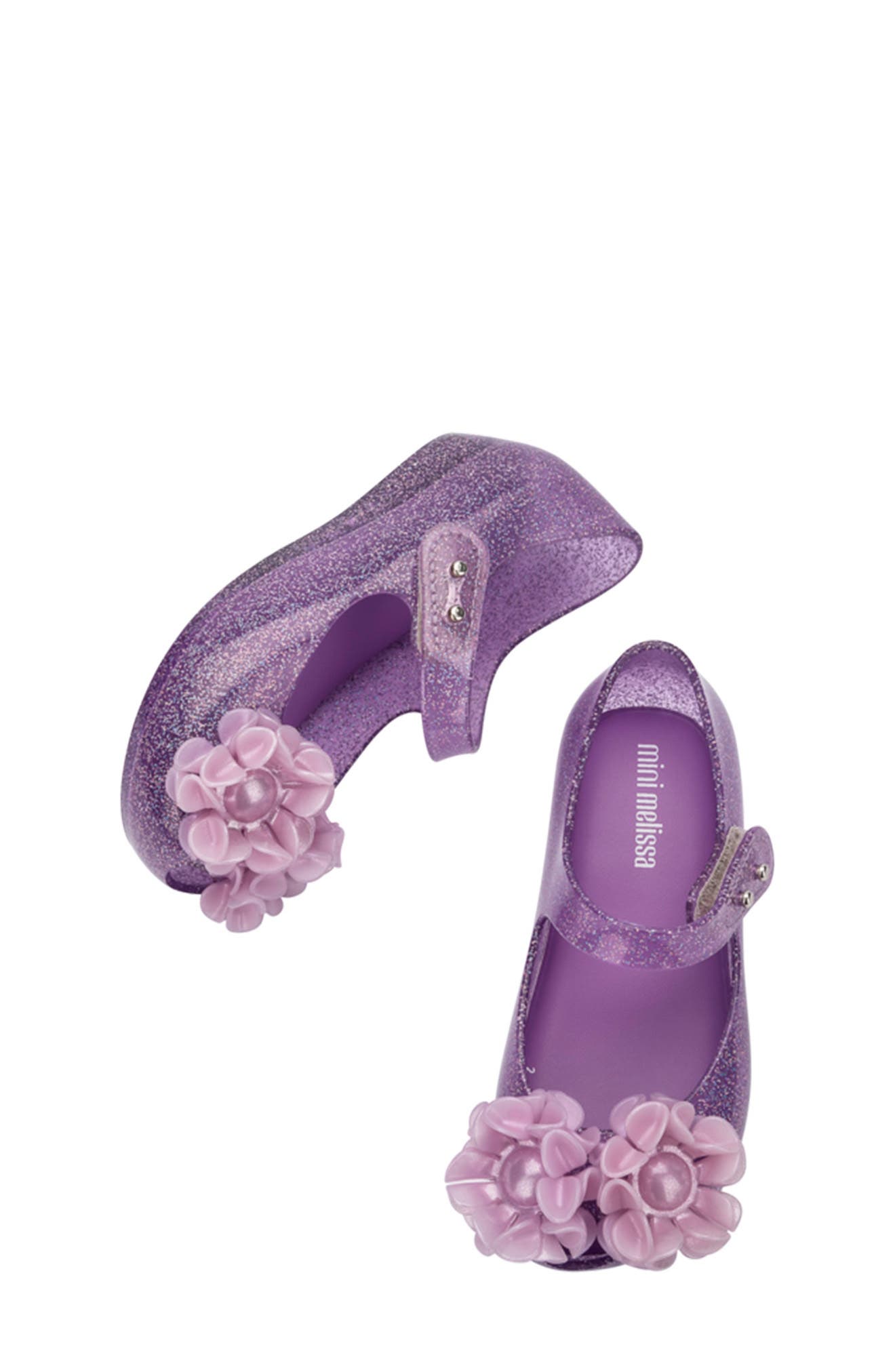 Mini Melissa Kids' Mini Ultragirl Springtime Mary Jane Flat, Alternate, color, Lilac Glit