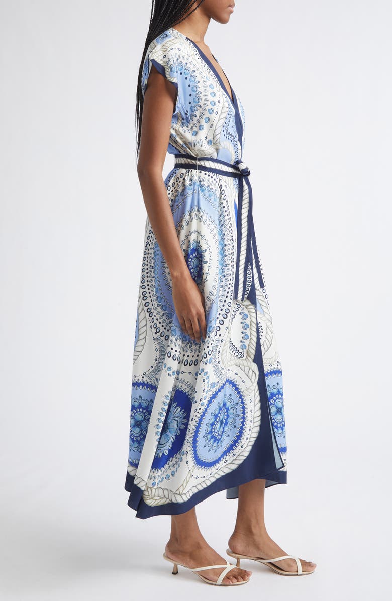 Reiss Heidi Scarf Print Belted Midi Dress, Alternate, color, Ivory/ Blue