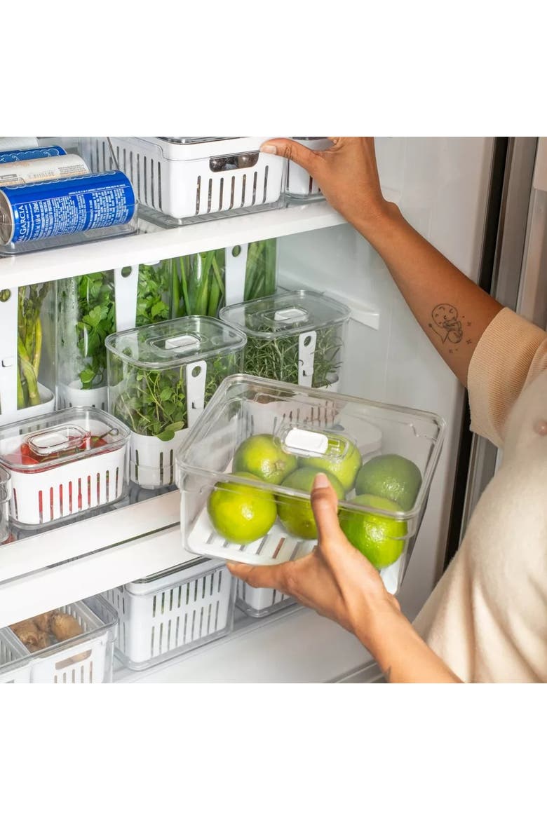 Clear Stackable Fridge Organizer Bin with Drain Tray and Vented Lid, 4 Pack, Alternate, color, Clear with White Drainer