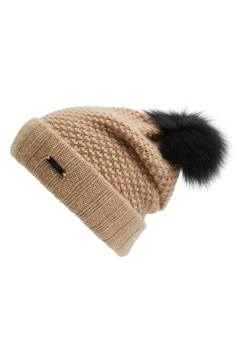 Burberry Knit Wool & Cashmere Beanie with Genuine Fox Fur Pompom, Main, color, 