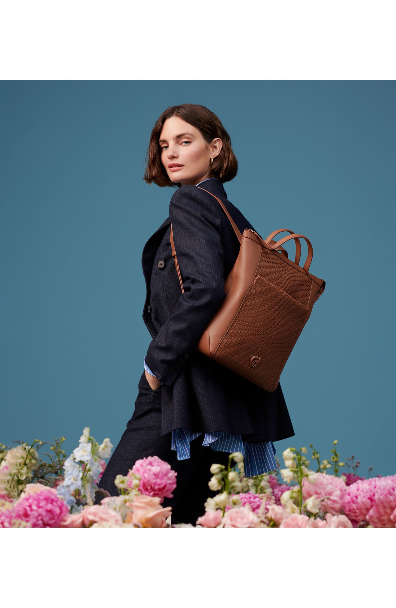 Cole Haan Grand Ambition Small Convertible Leather Backpack, Alternate, color, British Tan/ Woven